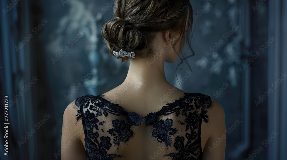 Elegant Evening Attire - Back View of Young Woman, young woman is depicted from behind, showcasing an intricate updo hairstyle adorned with a sparkling hair accessory and wearing an elegant dress with Elegant Evening Attire - Back View of Young Woman, young woman is depicted from behind, showcasing an intricate updo hairstyle adorned with a sparkling hair accessory and wearing an elegant dress with