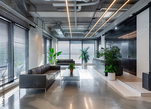 Beautiful modern office interior with glass walls and white ceilings  reception area with sofas and coffee tables  green plants  black wooden cabinets  concrete floor  