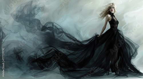 Mystical Gown in Ethereal Smoke, alluring woman in a flowing black dress emerges from ethereal smoke, her blonde hair adding a stark contrast to the dark mystique