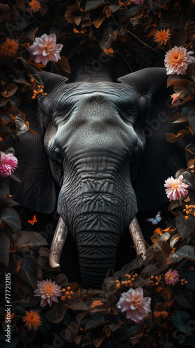 Elephant amidst blossoms and butterfly. Generative AI image photo
