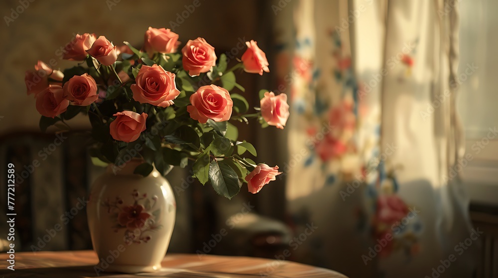 Still life of a vase with roses in the living room