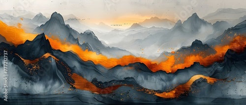 Abstract Chinesestyle paintings with golden textures ink landscapes and modern art elements. Concept Chinese Ink Painting, Golden Textures, Abstract Art, Landscape, Modern Elements photo