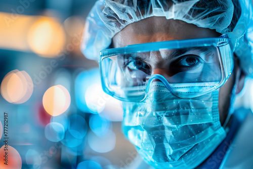 Close-up of a focused scientist with safety equipment. Generative AI image photo