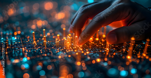 Hand interacting with a futuristic interface with glowing network connections. Technology and innovation concept design for banners and posters. Close-up photography with bokeh and space for text