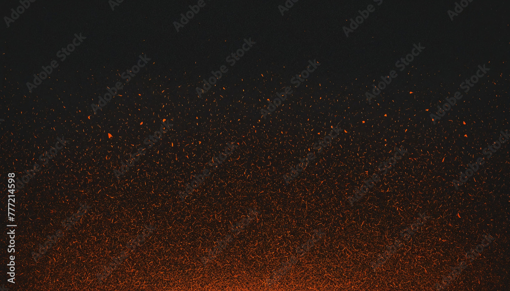 Orange glowing color gradient on black grainy background, noise texture effect, large banner copy space bright colors