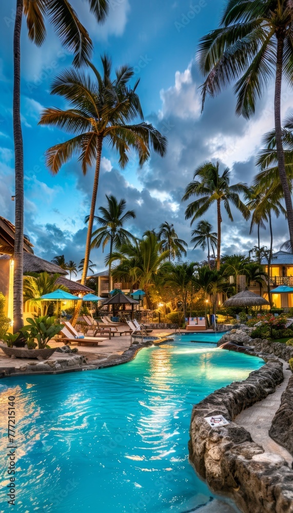 Luxurious tropical resort pool at night with elegant lighting and palm trees reflection in water