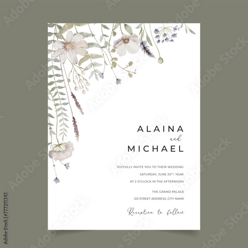 Wedding invitation with beautiful watercolor wildflower template