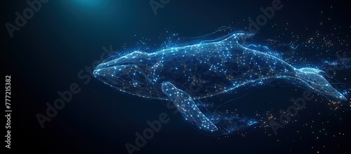 Abstract picture. Whale swimming in the deep sea. Digital whale swimming on blue technology background © PT