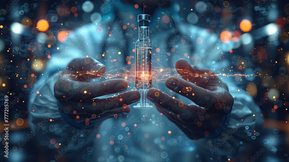 doctor holding a syringe with digital light lines as background, patient care and treatment concept. with antibiotics - obrazy, fototapety, plakaty 