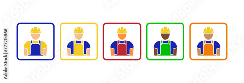 Builder icon in different colors, the person is wearing a hard helmet and special clothes.
