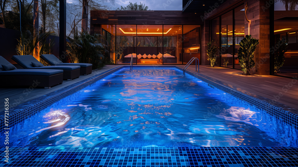 Swimming pool in luxury villa with swimming pool at night.