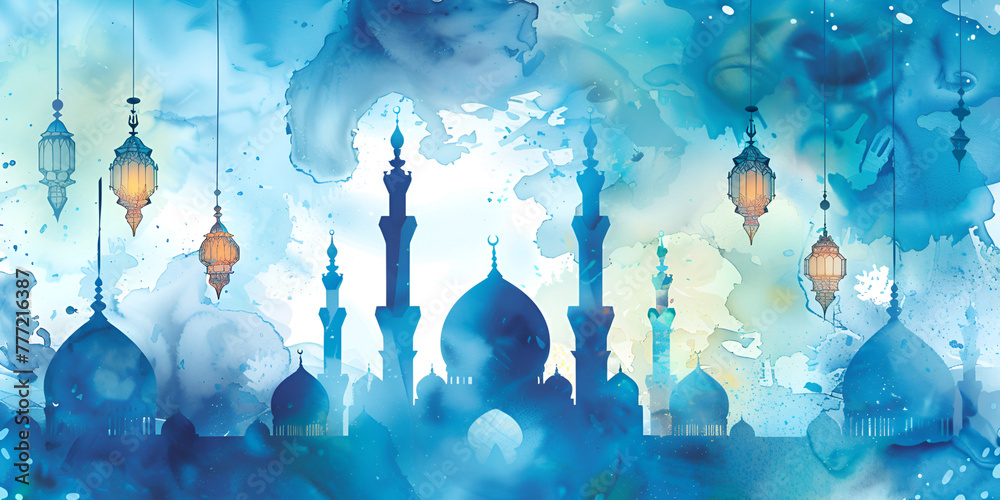 Watercolor islamic ramadan silhouette background in blue