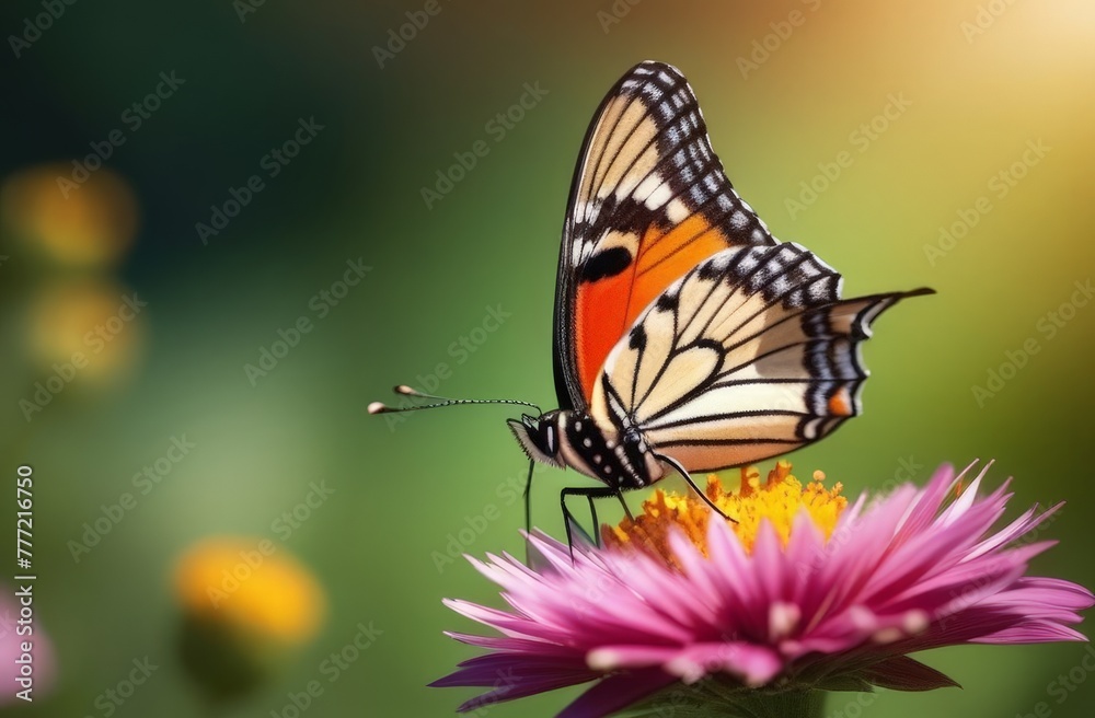 Butterfly collects nectar from a flower, macro photo Butterfly collects nectar from a flower, macro photo