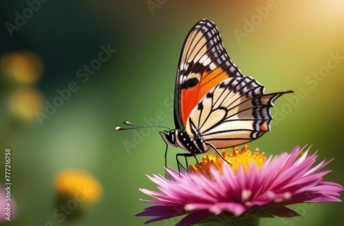 Butterfly collects nectar from a flower, macro photo