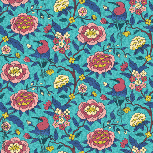 Seamless pattern with colorful chinoiserie hand drawn flowers and birds motifs. Floral wallpaper with indian style ornament.