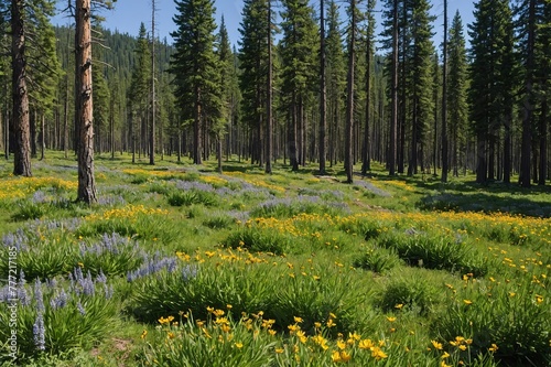 A previously burnt subalpine forest rebounds in summer with lodgepole pine and a variety of wildflowers, yarrow, aster, arnica and corn lily. photo