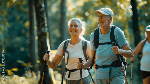 Fototapeta Naklejka Na Ścianę i Meble -  An adult man of 60 years old in a light cap participates in group summer hiking. Nordic walking in summer, a group of seniors take walks through the forest