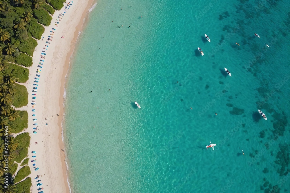 Drone view of sandy beach with tourists located near calm sea with clean turquoise water on sunny summer day
