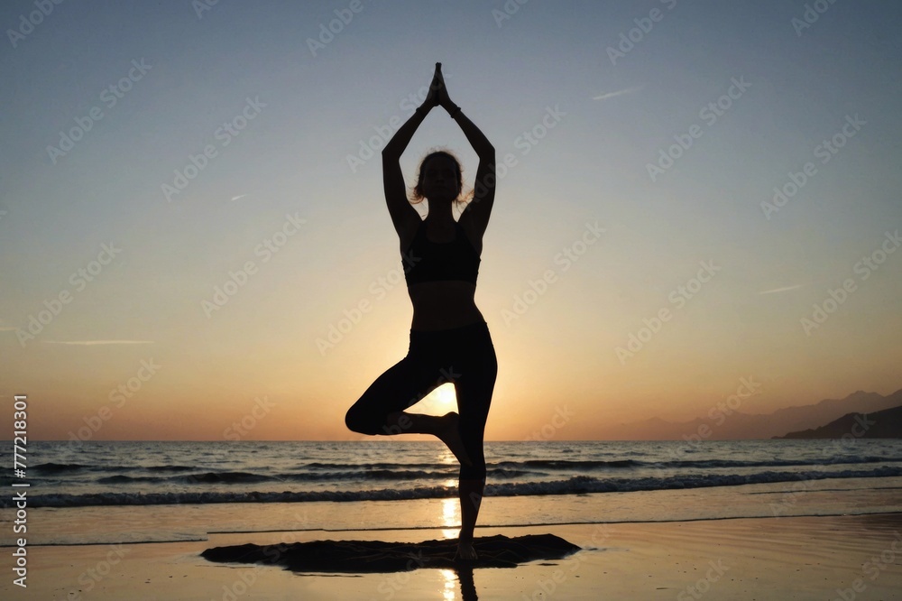 Silhouette of a Young woman practicing yoga on the beach- doing tree pose- during sunset