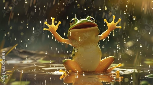 Rain or shine, the cartoon frog gleefully splashes in puddles, sending droplets flying in all directions.