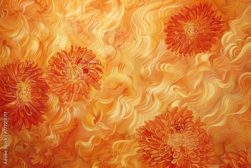 Radiant marigold motifs intertwine against a backdrop of soft coral, creating a captivating display of abstract culinary elegance. Radiant marigold motifs intertwine against a backdrop of soft coral, creating a captivating display of abstract culinary elegance.