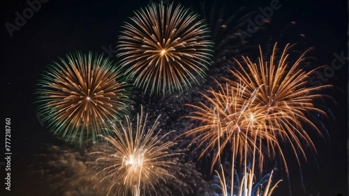 Colorful and dazzling fireworks explode in the night sky,