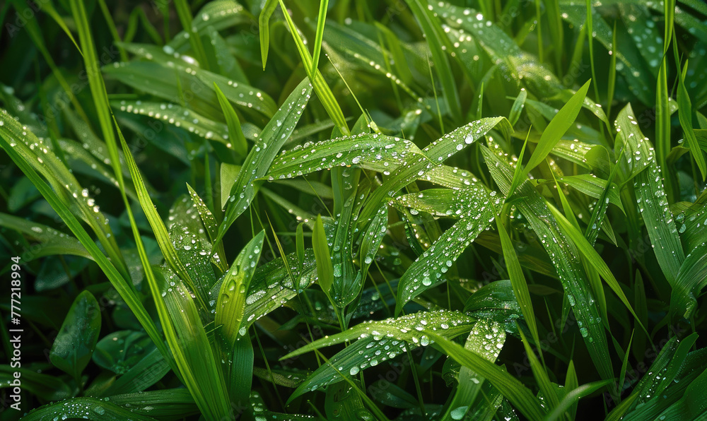 Vibrant green foliage with some water drop in the closely arrangement long leafs Vibrant green foliage with some water drop in the closely arrangement long leafs