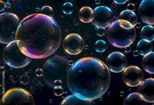 Captivating Display of Iridescent Soap Bubbles Reflecting a Spectrum of Colors in a Dark Setting, Generative AI