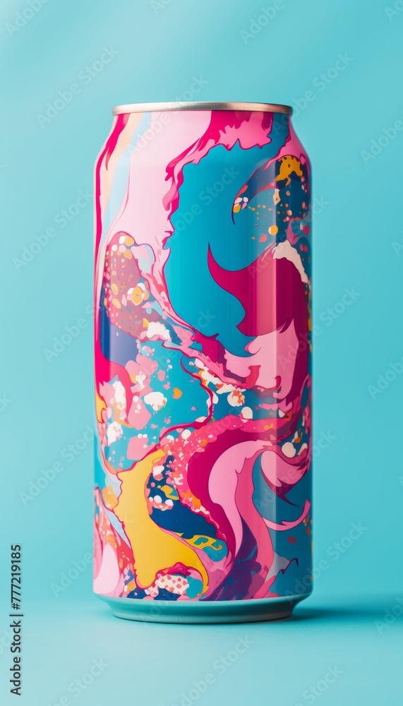 Soda can mockup on abstract background with text space, representing a refreshing beverage concept. - obrazy, fototapety, plakaty 