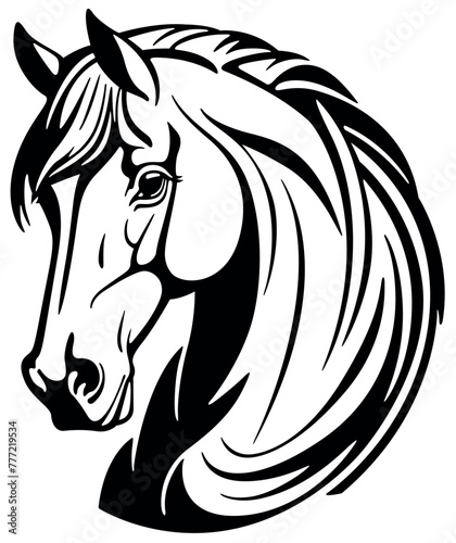 Horse Head as Logo - Black and White Illustration for Textile Printing or as Tattoo Isolated on White Background, Vector