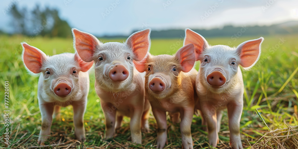 Four happy piglets posing to the picture, beautiful countryside landscape with yellow flowers. Happy pigs, farm animals. Four happy piglets posing to the picture, beautiful countryside landscape with yellow flowers. Happy pigs, farm animals.