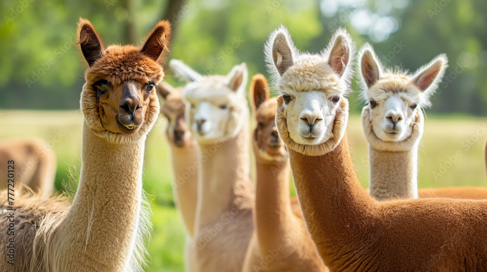 Fototapeta premium Happy and cute alpacas posing to the picture, beautiful countryside landscape. Happy farm animals.