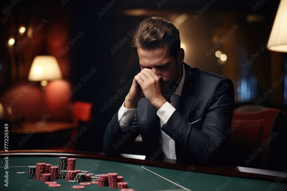Sad Businessman Losing Poker Game at Casino Sad Businessman Losing Poker Game at Casino