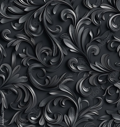 3d seamless pattern, dark gray background, high detail, vector illustration, paper texture, black ink swirls, ornate, Victorian style,
