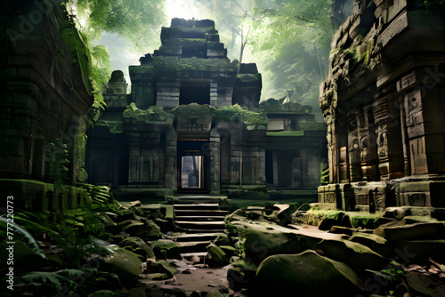 an ancient temple surrounded by the old forest, with old stone walls and delicate carvings