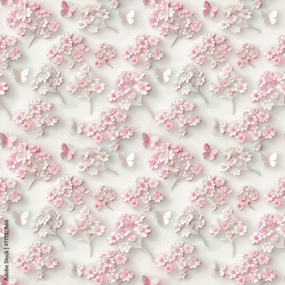 Yarrow flower, Achillea 3D, light pink, light pink butterfly, very cute, white background, fabric pattern, seamless, textile, handicraft, design, Korean fashion, sweet, cute background vintage petal 
