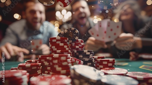 Portrait of poker chips falling and people winning a celebration type backdrop with space and blurry backdrop, Generative AI. photo