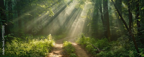 Sunlight shining through the green trees  filtering through the leaves. The rays of the sun are filled with forest aura.