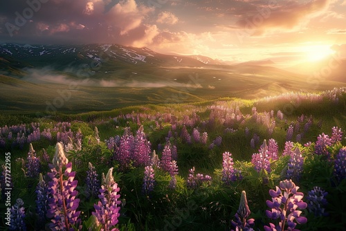 A springtime image with abundant purple flowers surrounded by greenery in the foreground, mountains, clouds and the setting sun in the distance.