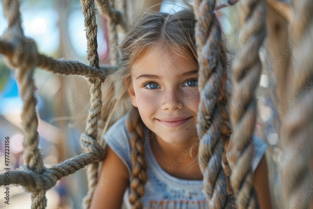 Vivid image of a young girl with intense blue eyes at a playground Vivid image of a young girl with intense blue eyes at a playground
