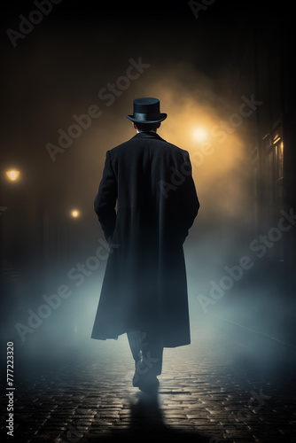 Veiled in the misty ambiance of the city alley, a mysterious man, dressed in a black coat and top hat, roams alone, embodying the essence of a cinematic historical thriller's enigmatic protagonist photo