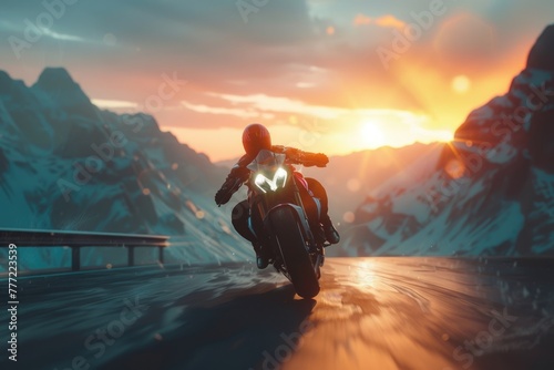 professional motorbike rider on road, riding with high speed around mountains on sunset.