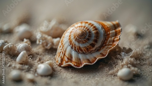 Macro shot of an intricate seashell lying amidst tiny white pebbles on the sand
