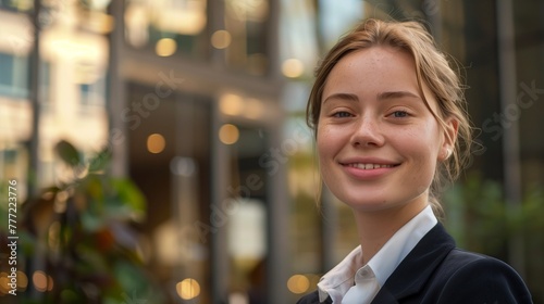 Capture a portrait of a young and beautiful businesswoman in a business suit, smiling confidently and looking directly at the camera.  