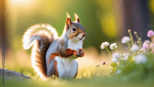 Banner, close-up of a squirrel sitting on the grass with flowers, looking at the camera. photo