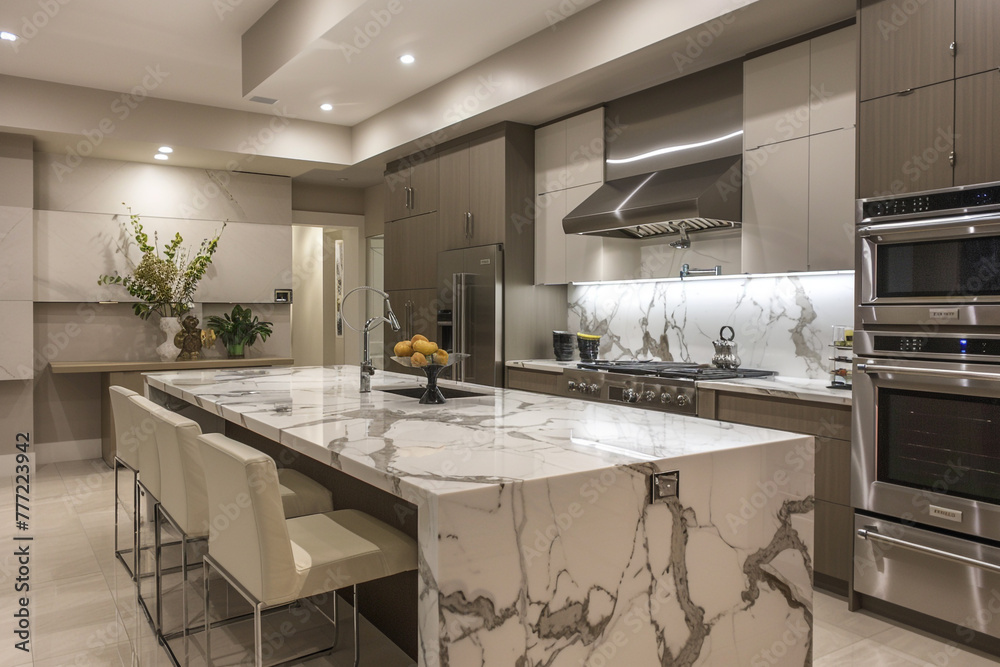 Contemporary kitchen boasts marble countertops, sleek appliances, and ample island space for meal prep. Contemporary kitchen boasts marble countertops, sleek appliances, and ample island space for meal prep.