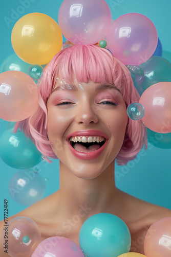 Surreal fashion photography of a playful young woman with pink hair. Colorful bubbles around the girl against a minimal pastel background. Magazine cover.