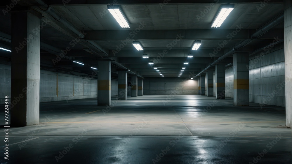 Empty parking garage with columns and lighting Empty parking garage with columns and lighting