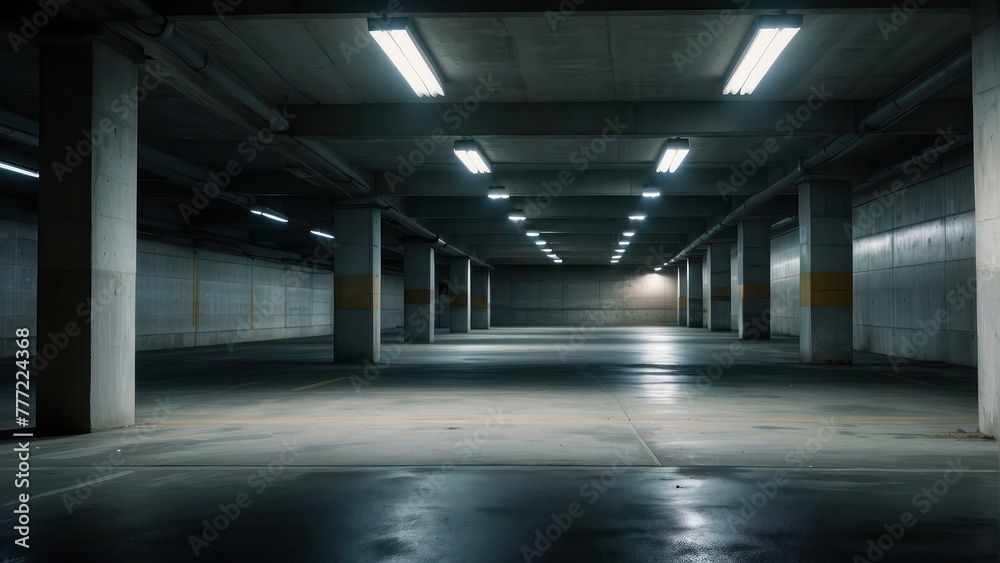 Empty parking garage with columns and lighting