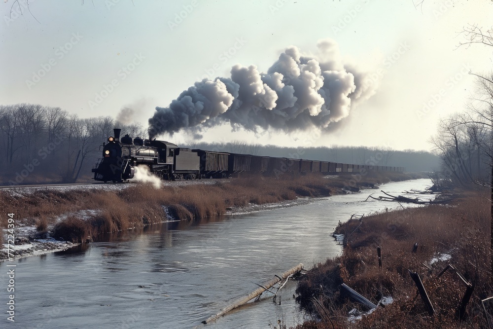 Majestic Steam Locomotive Crossing Mighty River